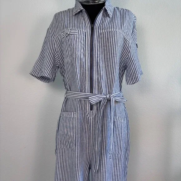 Anthro Cartonnier Blue and White Railroad Stripe Utility Jumpsuit, Size Medium - Picture 13 of 16